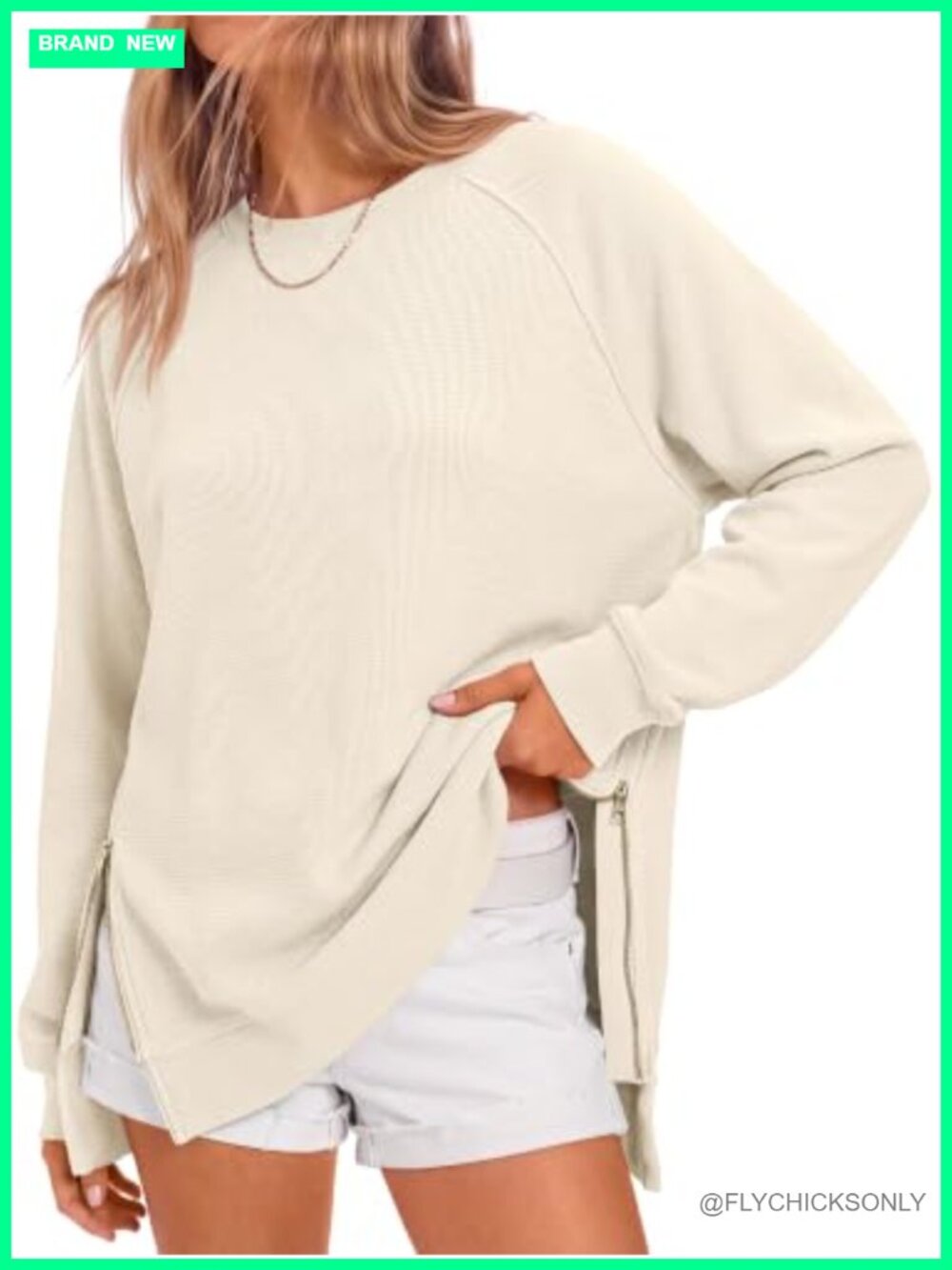 Oversized Crewneck Tunic Sweatshirt Side Zip Pullover Long Sleeve Casual